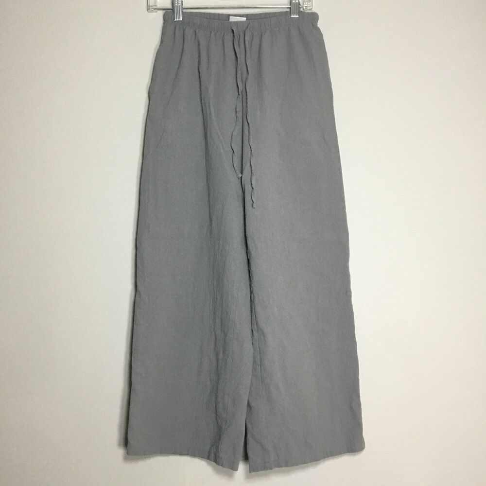 Grey cotton linen wide pants drawstring elastic waist 26"-32"beach hippie boho S